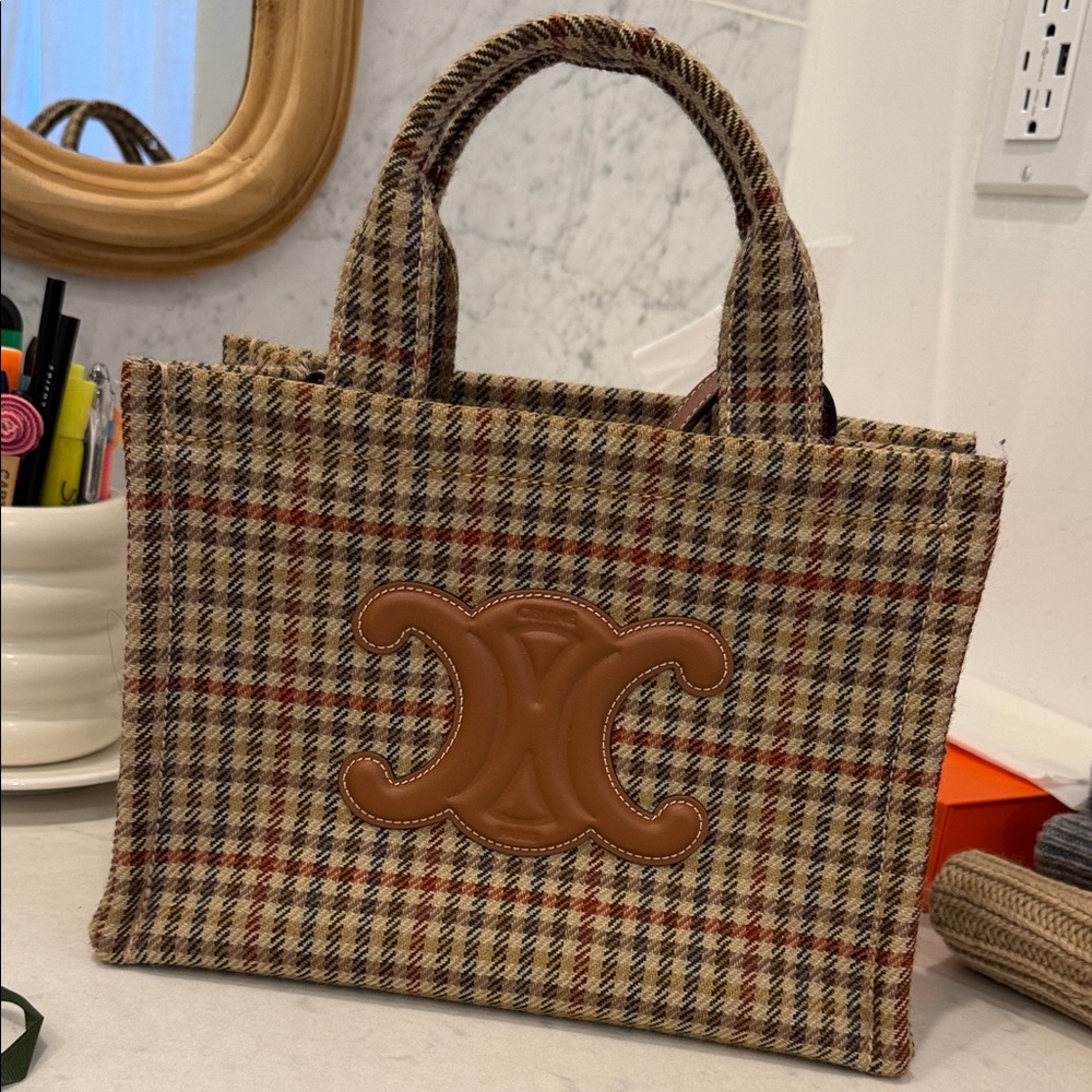 Celine Plaid Tote with Brown Logo